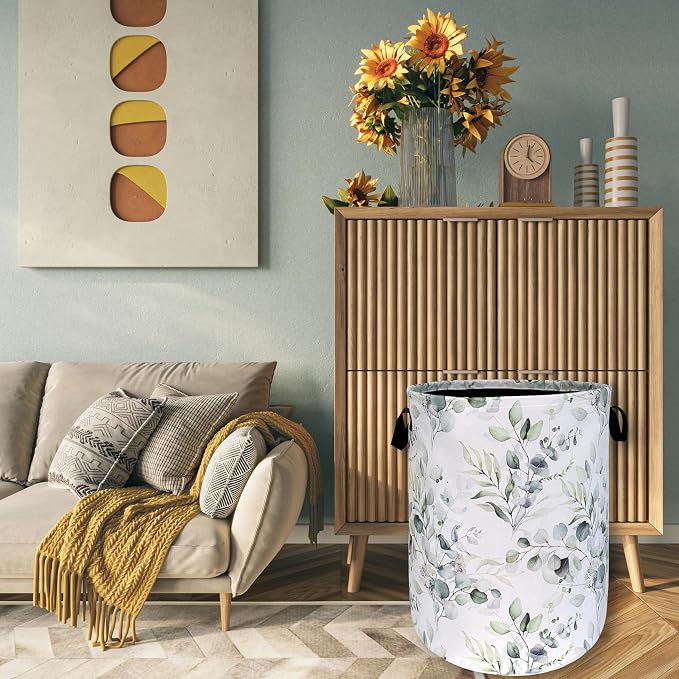 Watercolor Green Leaves Branches Laundry Hamper - Image 7