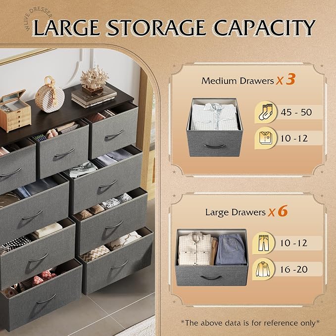 WLIVE Tall Dresser for Bedroom, 9 Drawer Chest of Drawers, Dark Grey | 9 roomy - Image 5