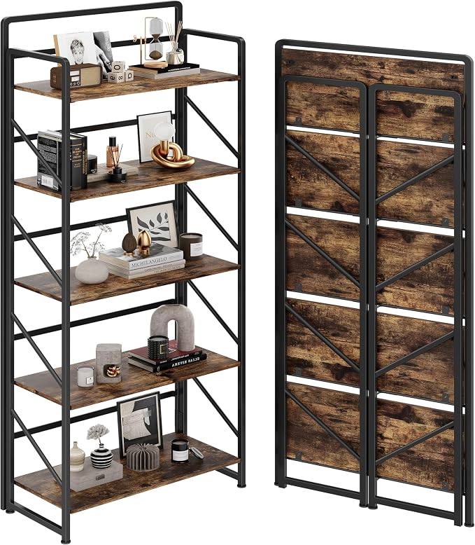 JSB Folding Bookshelf, Industrial Storage Shelves, No Assembly Vintage Wood by HomeFurniture