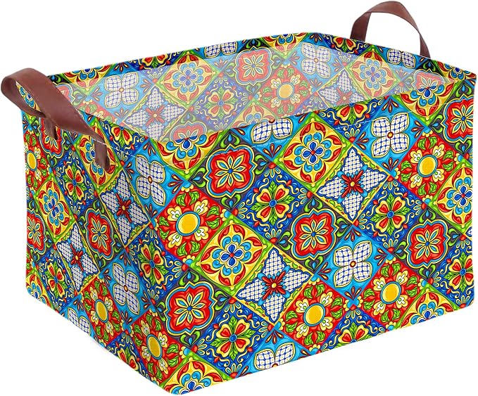 Mexican Talavera Decor Storage Basket Waterproof Canvas Toy Storage Bin Mexican by AmazerPad