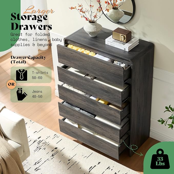 AMERLIFE 5 Drawer Dresser for Bedroom, Anti-Tip Kit, Wood Cabinet Organizer for - Image 3