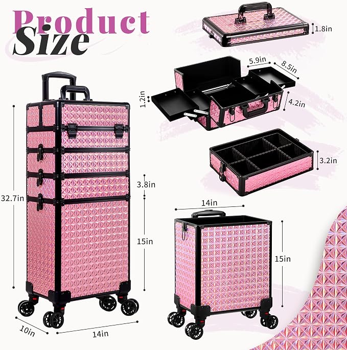 AROUS 5 in 1 Rolling Makeup Train Case Cosmetology Case on Wheels Large - Image 4