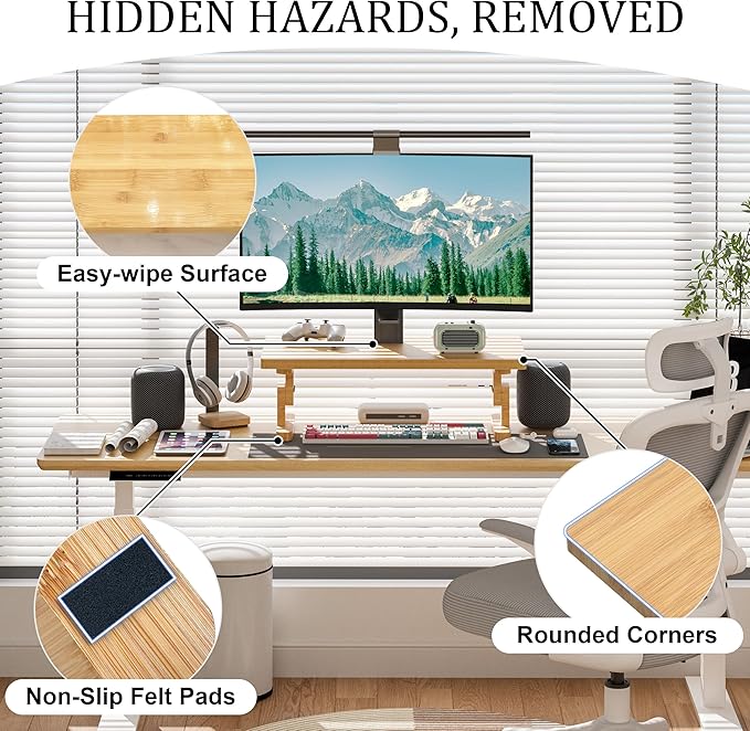 Bamboo Monitor Stand Riser for Desk, Height Adjustable Computer Riser & Laptop - Image 4