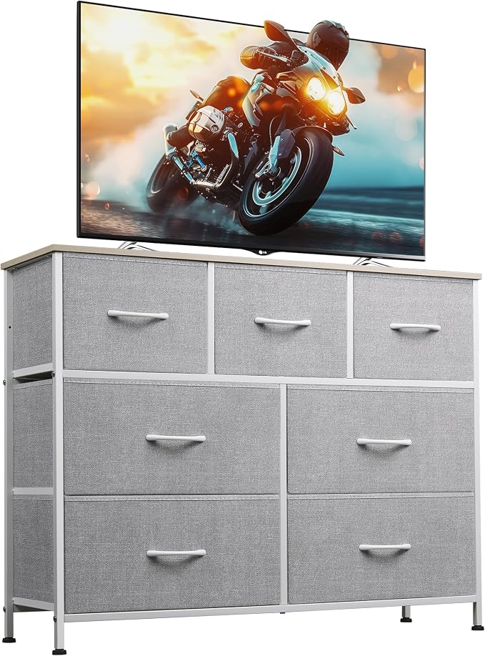 WLIVE Dresser for Bedroom, 7 Drawers, TV Stand, Light Grey | 7 roomy fabric by WLIVE