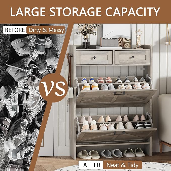 Shoe Cabinet with 2 Flip Drawers & 2 Top Drawers, Hidden Slim Shoe Rack - Image 7