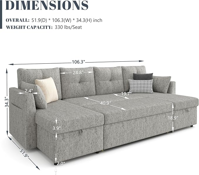 Huatean Home Oversized Pullout Couch Bed, 110 inch 2 in 1 Sleeper Sofa Couch - Image 3