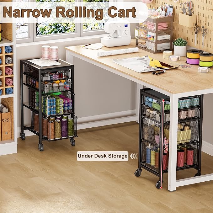 Slim Rolling Storage Cart with Drawers, Under Desk Storage with Wooden Tabletop - Image 3