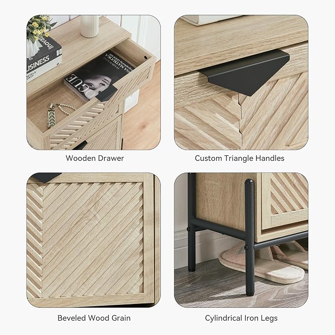 Shoe Cabinet with 2 Flip Drawers, Narrow Entryway Rack, Oak | Slanted Wood Grain - Image 6