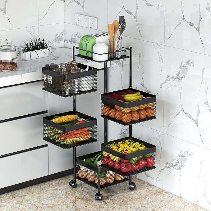 Fruit and Vegetable Basket for Kitchen No Assembly， Rotating Storage Rack - Image 9