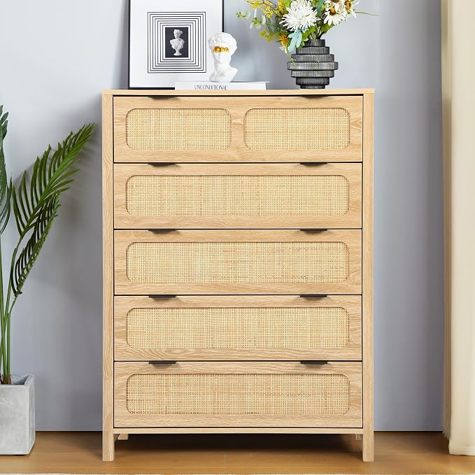 5 Drawer Dresser with Rattan Finish, Modern Farmhouse Chest of Drawers with - Image 3