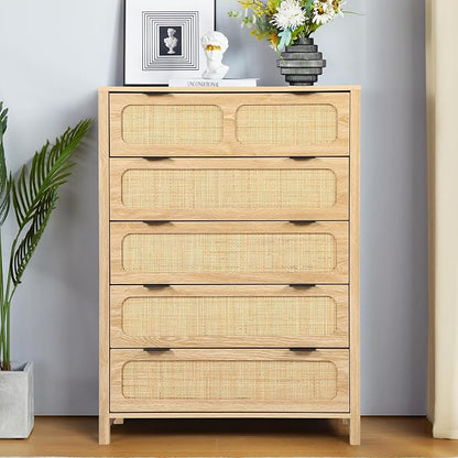 5 Drawer Dresser with Rattan Finish, Modern Farmhouse Chest of Drawers with - Image 3