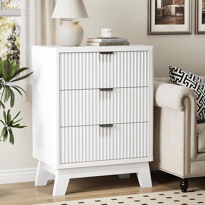 Fluted Nightstand with 3 Storage Drawers, Mid Century Modern Wooden Side Table - Image 3