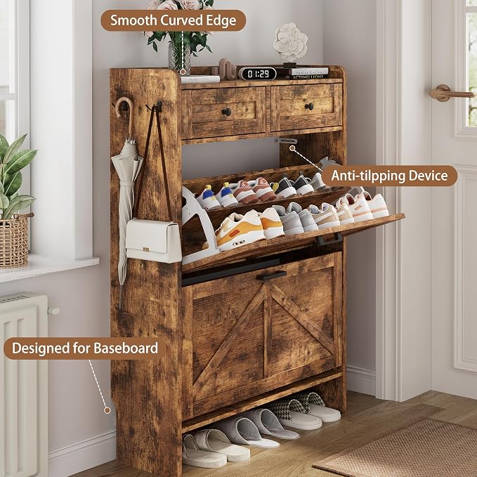 Shoe Cabinet with 2 Flip Drawers & 2 Top Drawers, Hidden Slim Shoe Rack - Image 5