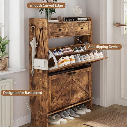 Shoe Cabinet with 2 Flip Drawers & 2 Top Drawers, Hidden Slim Shoe Rack - Image 5