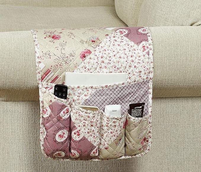 Brilliant Sunshine Pink Rosette and Stripes Patchwork Couch Armrest 5 Pockets by BrilliantSunshine