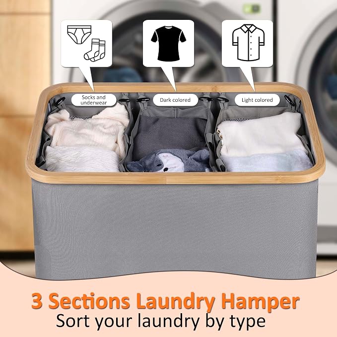 efluky Laundry Hamper with Lid, Trio Laundry Basket with 2 Removable Bags - Image 4