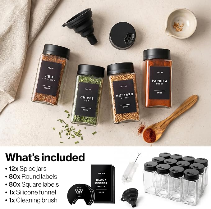 EDELHAUS Glass Spice Jars with Labels & Black Rotating Lids – 12 Large Square - Image 9