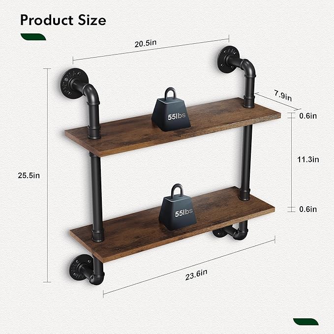 Merapi 24" Industrial Pipe Shelves Wall Mounted, 2 Tier Rustic Floating Shelves - Image 3