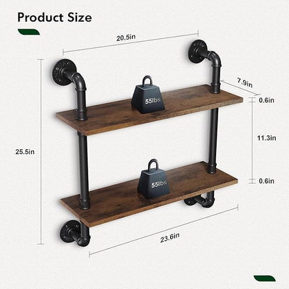 Merapi 24" Industrial Pipe Shelves Wall Mounted, 2 Tier Rustic Floating Shelves - Image 3