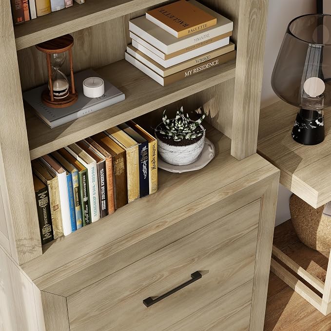 Multi-Depth Bookcase with 2 File Drawers, Bookshelves Floor Standing 3 Tier - Image 6