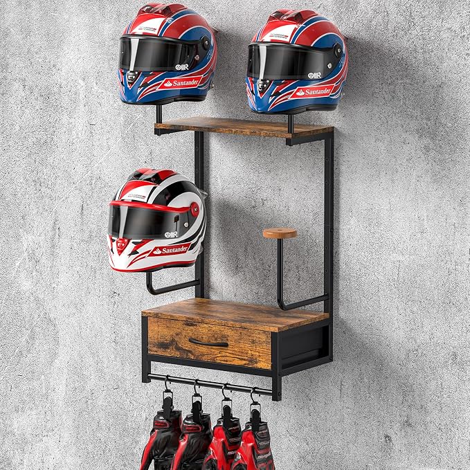 Motorcycle Helmet Holder Wall Mount, Solid Wood and Metal Helmet Rac, by NANAGIFTREE