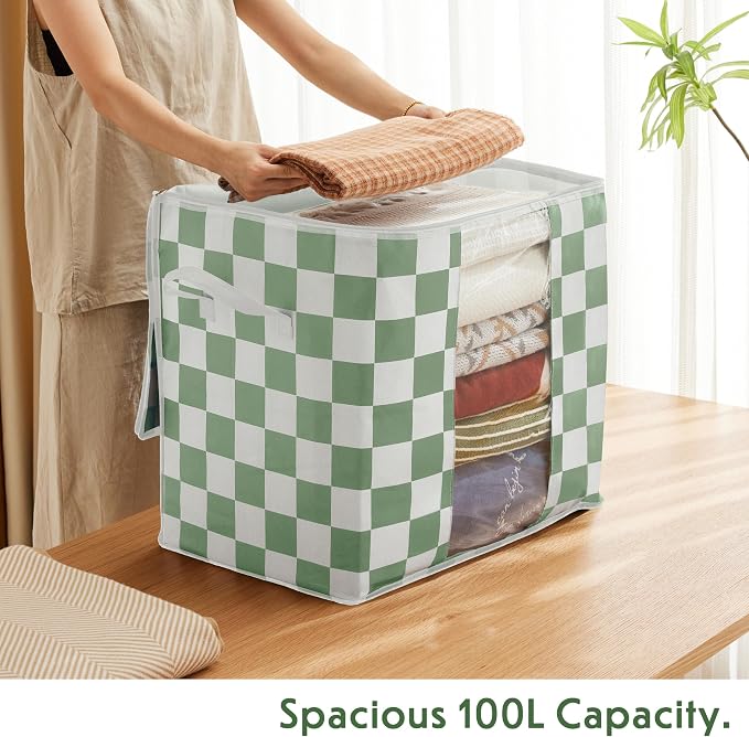 Green Checkered Clothes Storage Bins, 100L Large Blanket Storage Bags 3 Pack - Image 4