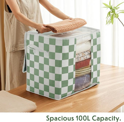 Green Checkered Clothes Storage Bins, 100L Large Blanket Storage Bags 3 Pack - Image 4