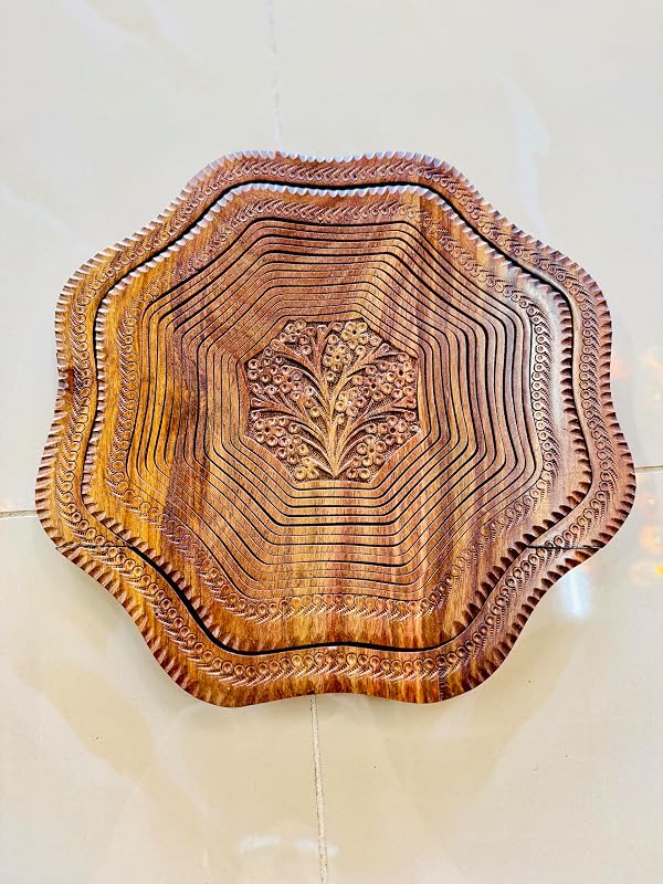 Handmade 14″ Collapsible Wooden Basket, Single Bowl Flower Design in Himalayan - Image 5