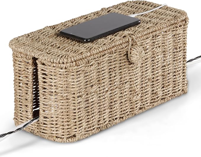 BLUEWEST Large Cable Management Box, Natural Rattan Cable Cord Organizer Boxes by BLUEWEST