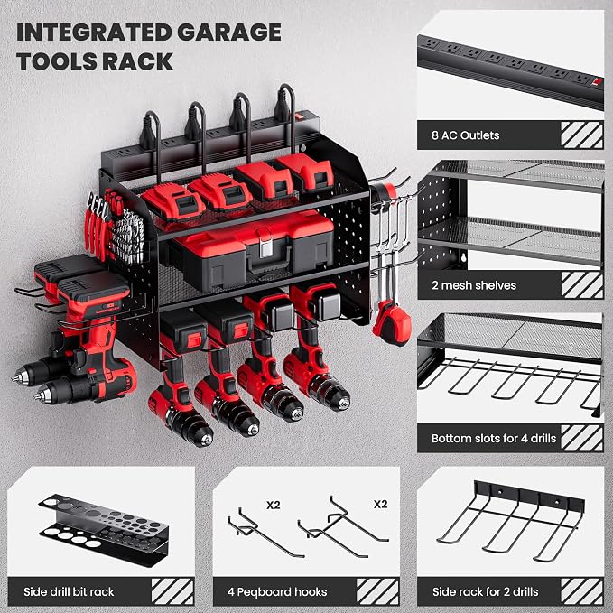 TRZZ Power Tool Organizer Wall Mount, 3-Layer Charging Station, 6 Drill Holders - Image 3