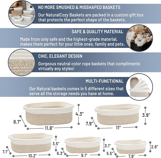 NaturalCozy 5-Piece Rectangle Storage Basket Set- Natural Cotton Rope Woven - Image 2