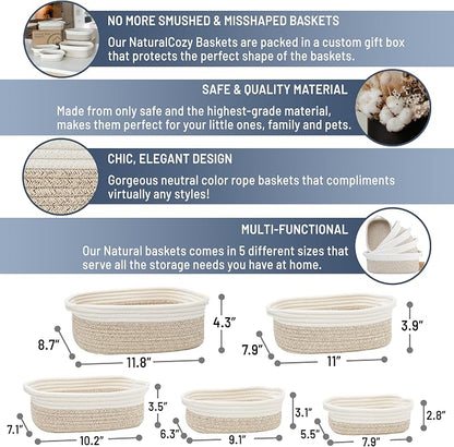 NaturalCozy 5-Piece Rectangle Storage Basket Set- Natural Cotton Rope Woven - Image 2
