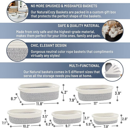 NaturalCozy 5-Piece Rectangle Storage Basket Set- Natural Cotton Rope Woven - Image 2
