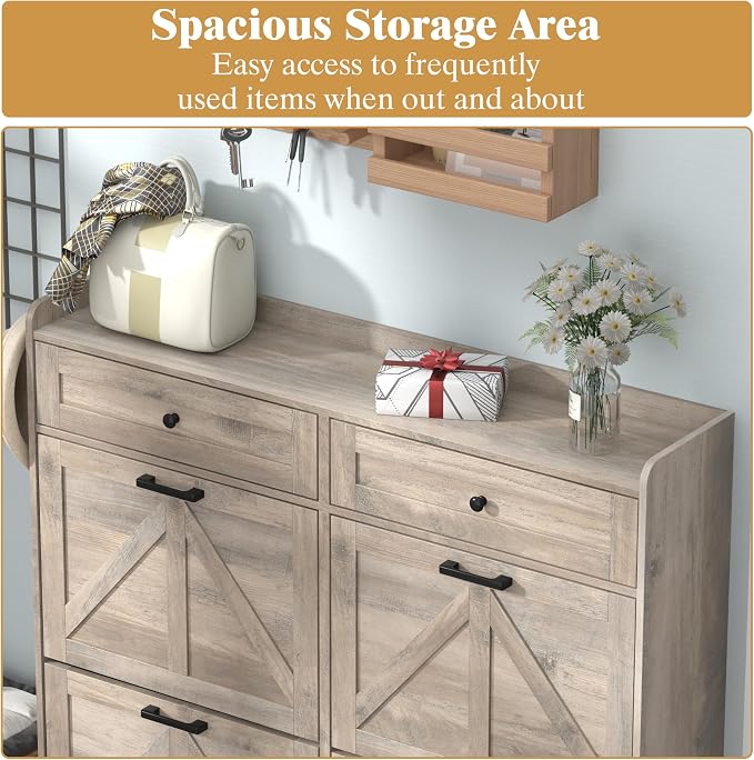 Thacuok Shoe Cabinet with 4 Flip Drawers & 2 Storage Drawers, Rustic Farmhouse - Image 4