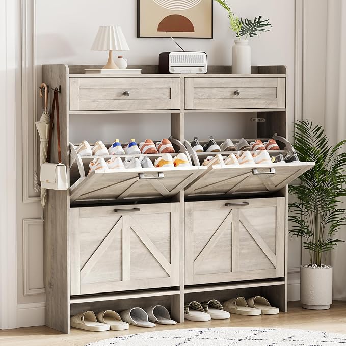 Shoe Cabinet with 4 Flip Drawers & 2 Top Drawers, Hidden Slim Shoe Rack by Xixini