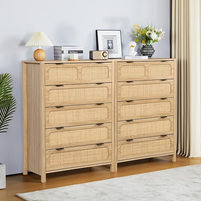 5 Drawer Dresser with Rattan Finish, Modern Farmhouse Chest of Drawers with - Image 8