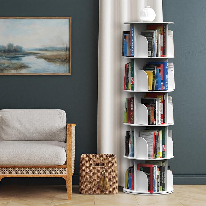 Rotating Bookshelf, Revolving Bookcase, Rotating Bookcase, 5 Tier White | - Image 2