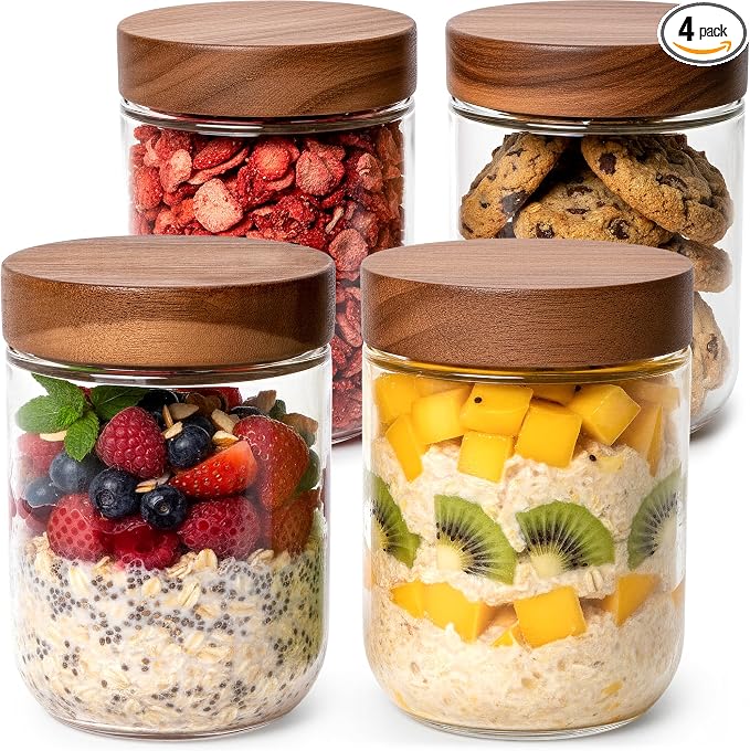 Overnight Oats Containers with Lids Acacia Glass Jars by EDELHAUS