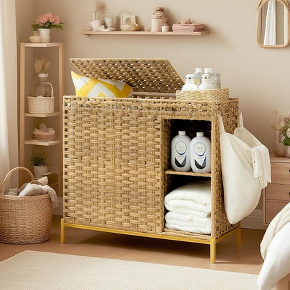 Laundry Hamper with Lid, 110L Rattan Laundry Hamper 2 Section with 50L Storage - Image 8