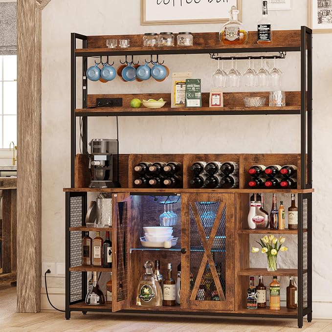 IRONCK Coffee Bar Cabinet with Power Outlet, Industrial Buffet Cabinet with LED - Image 3