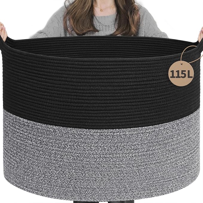 INDRESSME 115L Extra Large Cotton Rope Blanket Basket, Woven Basket by INDRESSME