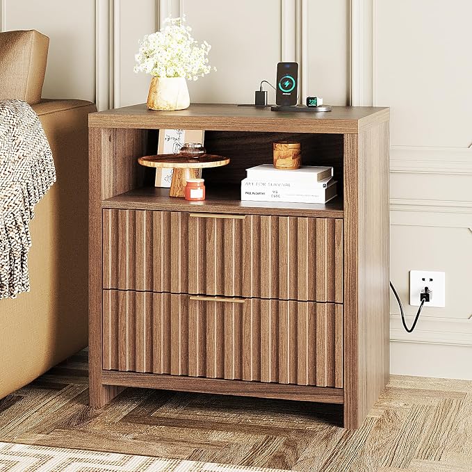 VINGLI Fluted Nightstand with Charging Station, 23.6" W Mid Century Modern - Image 7