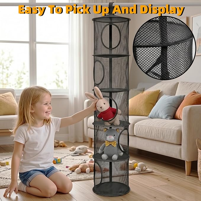 Hanging Stuffed Animal Storage Hammock Net 5 Tiers, Holds Plushies, Foldable - Image 5