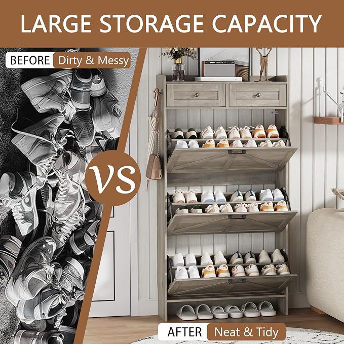 Shoe Cabinet with 3 Flip Drawers & 2 Top Drawers, Hidden Slim Shoe Rack - Image 7