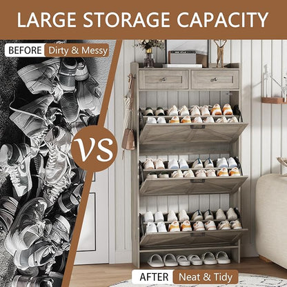 Shoe Cabinet with 3 Flip Drawers & 2 Top Drawers, Hidden Slim Shoe Rack - Image 7