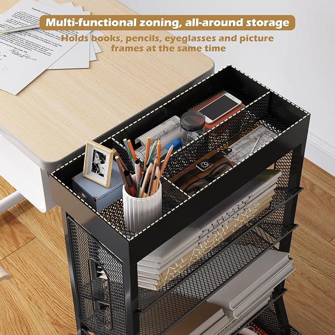 Book Cart with Wheels Mobile Bookshelf Rolling Bookshelf Organizer Bookcase - Image 5