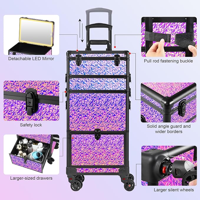 Rolling Makeup Case with Lighted Mirror, Makeup Train Case with Large Drawer - Image 6