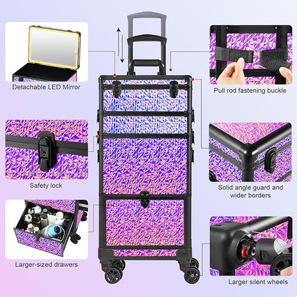 Rolling Makeup Case with Lighted Mirror, Makeup Train Case with Large Drawer - Image 6