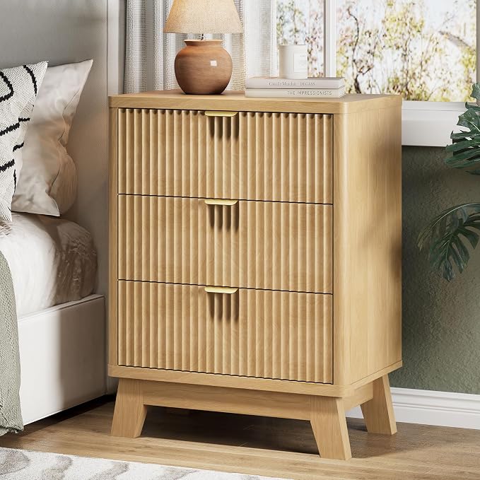 Fluted Nightstand with 3 Storage Drawers, Mid Century Modern Wooden Side Table by Xixini
