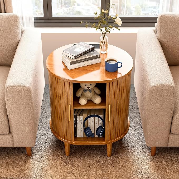 Nightstand with Charging Station, Fluted Accent Side Table with Sliding Door & - Image 6